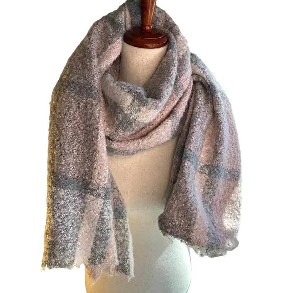 Blush Pink Gray Plaid Oversized Cozy Blanket Scarf Soft Boucle